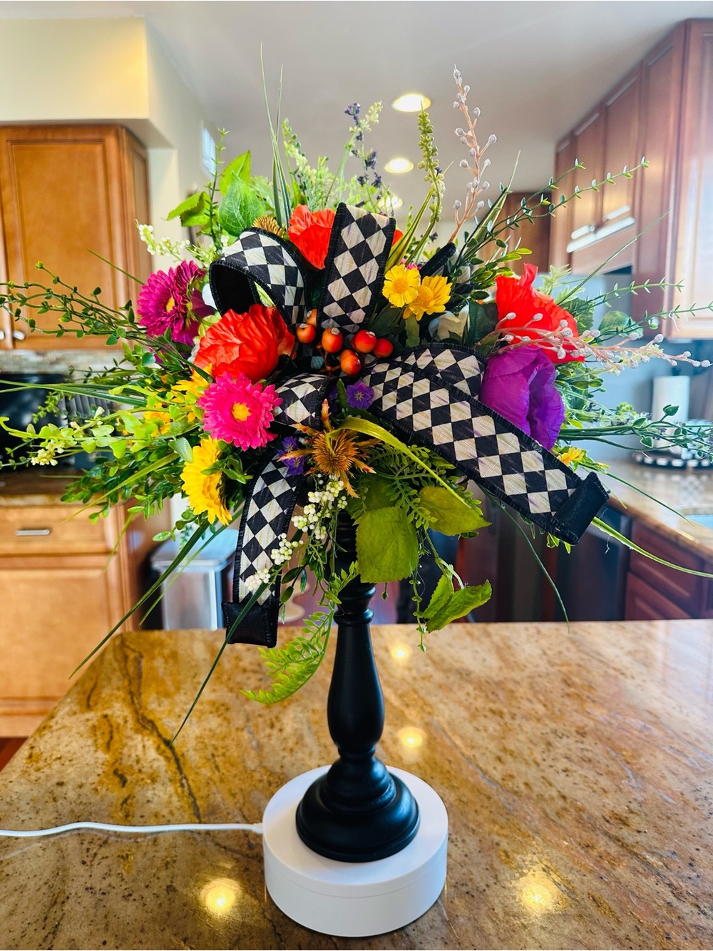 Handmade Floral Arrangement with Harlequin Ribbon - Black